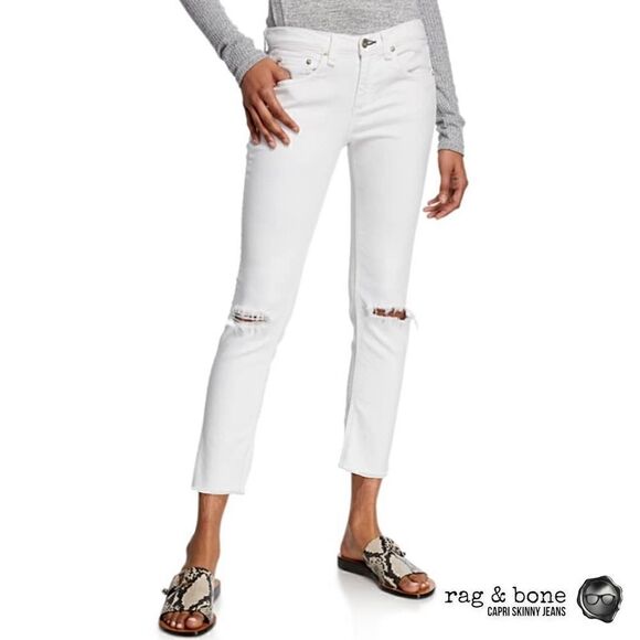 RAG & BONE SKINNY CAPRI JEANS WITH DISTRESSED KNEE HOLES NWT IN BRIGHT WHITE 27 - Picture 1 of 16